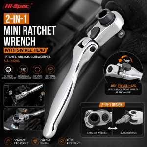 Hi-Spec 2 in 1 Mini Ratchet Wrench Flex Head 1/4 Inch CR-V Steel Double Ended Reversible Tool for Precision Home Auto Repair