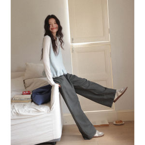 Slim Fit Straight Leg Pants Dark Gray High Waist Loose Long Trousers