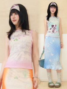 Livingroom Original Design Double-Sided Wear Pink Star Doggie Elastic Net Shirt Womens Slim Fit Vest High Stretch Polyester Spandex