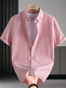 Simple Casual Fashion Short Sleeve Shirt Pink Check Pattern