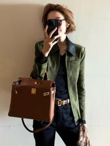 DANTING | Elegant Green Deer Leather Short Jacket