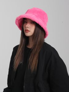 Dopamine Style Furry Wide Brim Womens Hat Pink Rabbit Fur Autumn Winter Fashion Accessory Face Slimming Fishing Cap