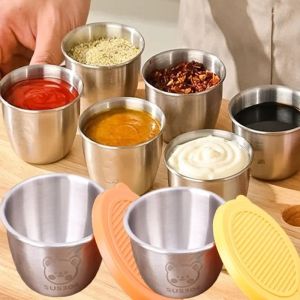 6PCS Stainless Steel Sauce Cup Bear Seasoning Box Sauce Dip Bowl with Cover Sauce Condiment Container Reusable Small Seasoning Cupss