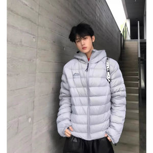 OUMULONG | Light Grey Lightweight Down Jacket for Men Warm Hooded Winter Coat