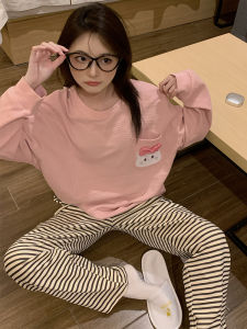 ผู้หญิง ผ้าฝ้าย ชุดนอนแขนยาว ฤดูใบไม้ผลิ ฤดูใบไม้ร่วง ฤดูหนาว ชุดอยู่บ้าน น่ารัก การ์ตูน พิมพ์ เสื้อสวม ชุดนอน แฟชั่นเยาวชน