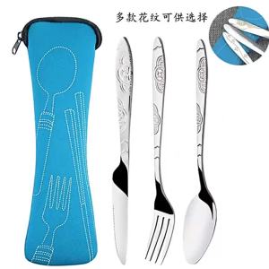 3-piece Stainless Steel Western Style Steak Knife Fork Spoon Creative Cloth Bag Portable Western Style Tableware Set Cutlery Set
