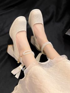 Mary Jane High Heels Waterproof Platform Chunky Wedding Shoes Daily Wear for Skirts Buckle Comfortable Show Heel Two-Way Wear
