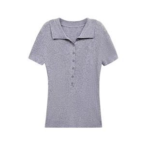 YUEZHONGWEI | Áo thun polo tay ngắn màu xám lụa băng cổ polo dáng ôm vừa vặn phong cách Mỹ cổ điển mùa hè cho nữ