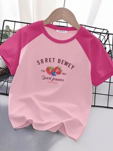 2025 New Kids Cotton T-Shirt Short Sleeve Patchwork Color Block Cartoon Print Casual Loose Fit Summer Top for Girls