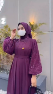 Audy Dress Gamis Wanita Muslim Jumbo Ld 140 Bahan Ceruty Babydoll Mix Tile Warna Burgundy Caramel