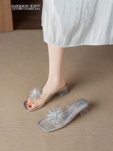 Aesthetic Transparent Glass Fireworks Square Toe Sandals