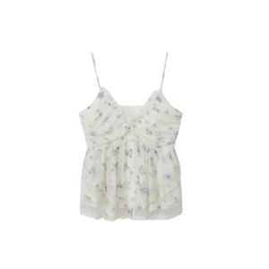 YUEZHONGWEI | French Style V-Neck Lace Trim Floral Print Halter Neck Tank Top Women Summer Outerwear Pure Desire Waist-Cinching Sleeveless Chiffon Blouse