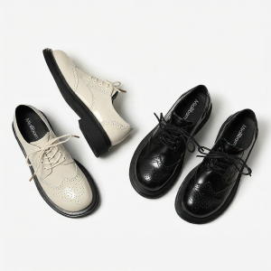 MIOLLIBARN | Tie Black Retro Brogue Wide Toe English Style Leather Breathable Women Shoes