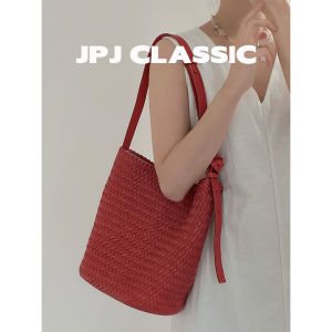jpj | Handcrafted Bucket Tote Bag Womens Single Shoulder Crossbody Vacation Casual Top Layer Cowhide Woven Leather Handbag