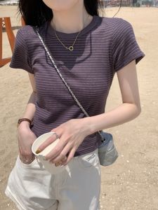 Slim Fit Short Sleeve T-Shirt Womens American Retro Stripes Tightening Top Summer Fashionable Versatile Commute Style round Neck