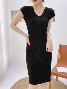 Gentle French style High end Hip Skirt Women Summer New Waist Hugging Slimming Elegant Solid V-neck Full Body Dress