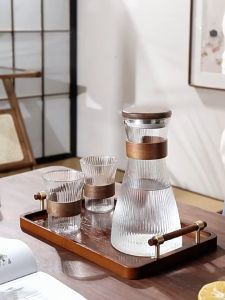 Elegant Striped Borosilicate Glass Pitcher and Cup Set with Wooden Lid and Ring Heat and Cold Resistant Drinkware