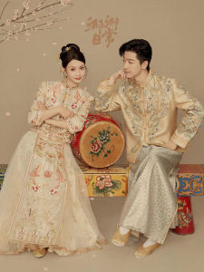 Champagne Colored Chinese Style Wedding Gown for Couples 2025 New Design Bridesmaid Traditional Cheongsam High Quality Bridal Dress