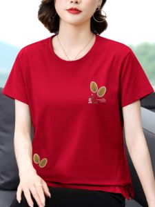 Pure Cotton Short Sleeve T-Shirt Womens Red Loose Fit Casual Top for Middle-Aged And Elderly Summer Fashionable Large Size