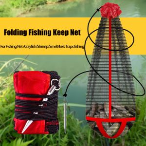 0.8M/1M Folding Fishing Keep Net Fishing Gear Thickening Small Grid Nets Live Fish Nets Bag Bundle Mouth Net Bag Fishing Tool
