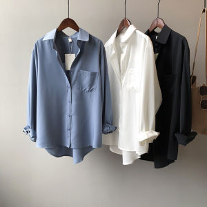 Women Blouse Long Sleeve Solid Color Korean loose Polo Fashion Casual Shirt Wild Plus Size Top