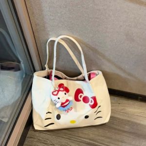 Large Capacity Canvas HelloKitty Kitty Cat Tote Bag Handbag Commuter Womens Bag 2025 New Style Casual Cartoon Pattern