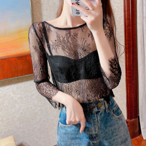 Black Lace Tops Womens Base Mesh Inner Wearing Hollow-out Short Gauze Clothes See-through Thin 3/4 Sleeve Sun Protective Blouse