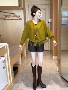 เสื้อคาร์ดิแกนถัก PU หนัง ชุด กางเกงขาสั้น สำหรับผู้หญิง ฤดูใบไม้ร่วง 2025 ฤดูหนาว แฟชั่น หลวม ลำลอง คอวี กระดุม