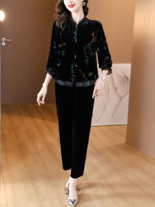 Silk Velvet Two-Piece Set for Women Mom New Chinese Style High-End Feeling  Silk Velvet Set with Stand Collar And Loose Fit Pants