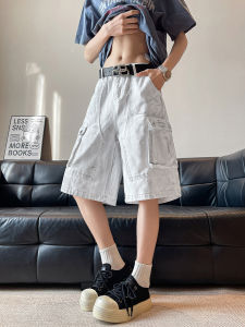 Washed Denim Shorts Mens Summer Loose Fit Multi-Pocket Workwear American High Street Style Five-Quarter Pants Casual Jeans