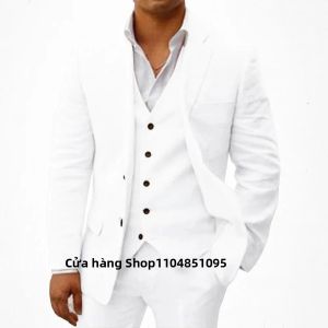Bộ Vest Nam 3 Món Màu Trắng Chất Liệu Linen Kiểu Dáng Ôm Sát Ve Áo Notch Bộ Vest Đi Biển Dự Tiệc Dạ Hội Thường Ngày Chất Liệu Pha Polyester