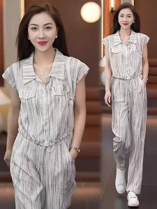 Fashionable Summer Slimming Thin Sleeveless Shirt Wide Leg Pants Two Piece Set for Women Elegant Drapey Style by Xiangduoruo