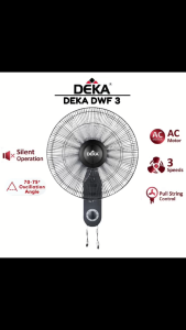 DEKA DWF3 16" 3 Speeds AC Motor 1 Year Warranty Energy Saving 3 Blades Wall Fan Pull Chain Control