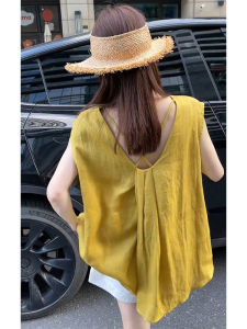 YUEZHONGWEI | French Back Cross Yellow Miniature Sleeve Shirt Women Summer Loose Design Sense Mid-Length Sleeveless Shirt Top
