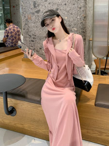 Pink Casual Two-Piece Set Womens Spring Autumn Hat Jacket Matching Strap Dress High Waist Midi Skirt Long Sleeve Solid Color