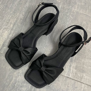 Butterfly Knot Open-Toe High Heels Womens Sandals Summer New Fashion Square Head Black Professional Thick Heel Shoes