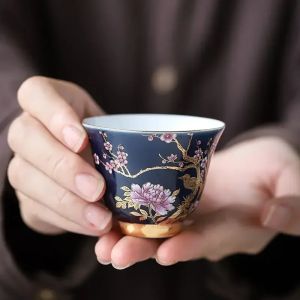 Bộ Ấm Chén Trà Gốm Sứ Màu Xanh Coban Viền Vàng Làm Thủ Công Bộ Trà Đạo Kung Fu Dành Cho Lễ Thiền Hộp Quà 6 Món Quà Tặng & Đồ Dùng Gia Đình
