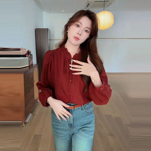 French Red Long Sleeve Shirt Women Spring Elegant Not Repeating Beautiful Anti-Aging Casual Shirt Slimming Button up Blouse