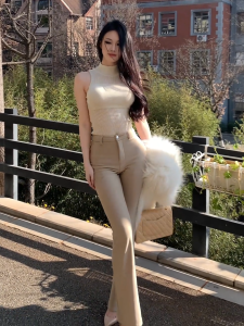 Korean Style Khaki Color Casual Womens Suit Pants High Waist Flared Legs Simple Match Straight Long Pants Spring New Arrival