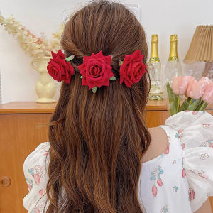 C.three Vintage Red Rose Hairpin Women Large Flower Bangs Clip Photo Accessory