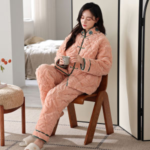 New Chinese Style Womens Winter Sleepwear Coral Fleece Thickened Three-layer Cotton Padded Special Thick Cotton Coat Red Home Clothes Set
