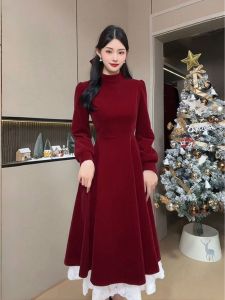 ชุดเดรสยาวผ้ากำมะหยี่สีแดง คอโปโล ทรงเข้ารูป กระโปรงทรงเอ แขนยาว ทรงเข้ารูป สำหรับผู้หญิง ชุดทำงาน ชุดลำลอง ชุดไปงานปาร์ตี้