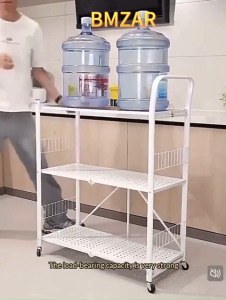LOADNIX No Assembly Foldable Kitchen Rack with Wheels Heavy Duty Metal Kitchen Storage Organizer Microwave Oven Stand Space Saving Shelf for Appliances Rice Cooker Pots