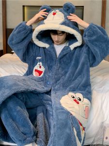 ชุดนอนผู้ชายคอตตอนพิมพ์ลายการ์ตูนขนแกะสีฟ้า กางเกงขายาว แขนยาว หนา อบอุ่น ฤดูใบไม้ร่วง/ฤดูหนาว เสื้อคลุมกันหนาว