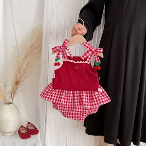 Summer childrens suspender strawberry top sweet childrens vest plaid briefs two-piece set