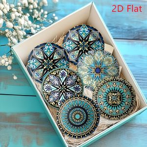 4in 2D Mandalay Style Round Wooden Coaster 6pcs Set Exquisite Floral Design Dining Table Terrace Party Artwork Protect Tabletop