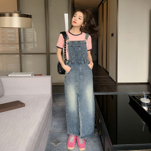 ชุดเดรสยาวเอวสูงสไตล์ฝรั่งเศส กระโปรงยีนส์ทรงเอ แขนกุด ผ้าโพลีเอสเตอร์ ชุดทำงานสไตล์เกาหลี ฤดูร้อน 2024