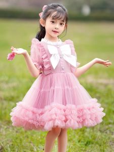 Summer Fashionable Pink Princess Dress for Girls Childrens Puffy Skirt Cute Short Sleeve Performance Cotton Blend Dress