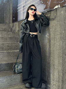Cool Short Leather Jacket And Wide Leg Pants Set for Girls Street Style Spring Autumn Fashion Show Childrens Trendy Model Outfit