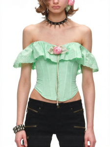 1JINN STUDIO | Off-Shoulder Ruffled Lace-up Floral Bustier